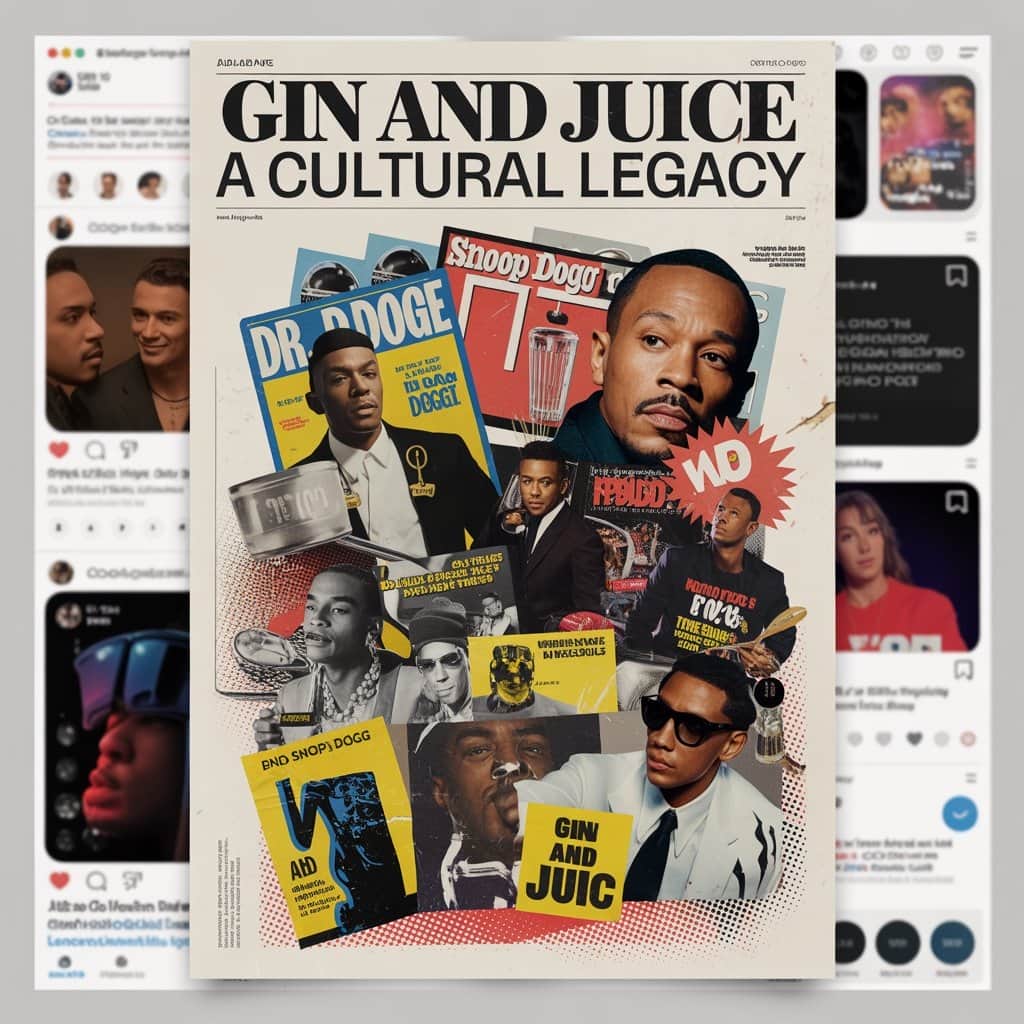 “Gin and Juice” has left an indelible mark on music, fashion, and popular culture Collage showing the cultural impact of Snoop Dogg's "Gin and Juice" across different media