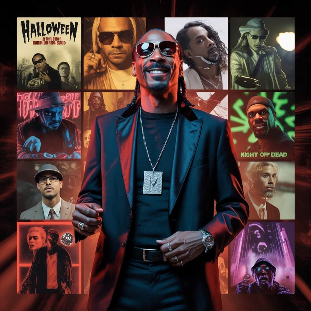 From Snoop’s pioneering roles to today’s genre-crossing artists Collage showing various hip-hop artists in horror films
