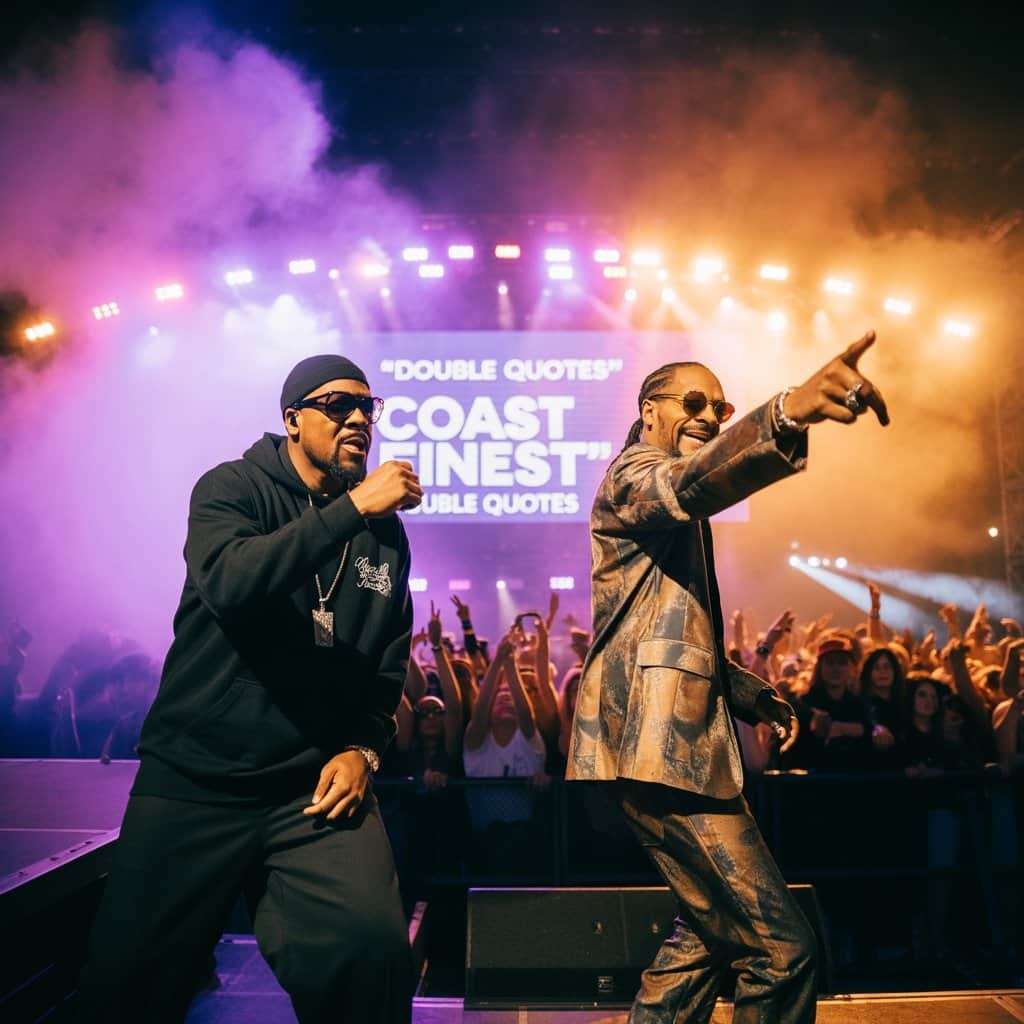 Ice Cube and Snoop Dogg performing together on stage representing West Coast hip-hop