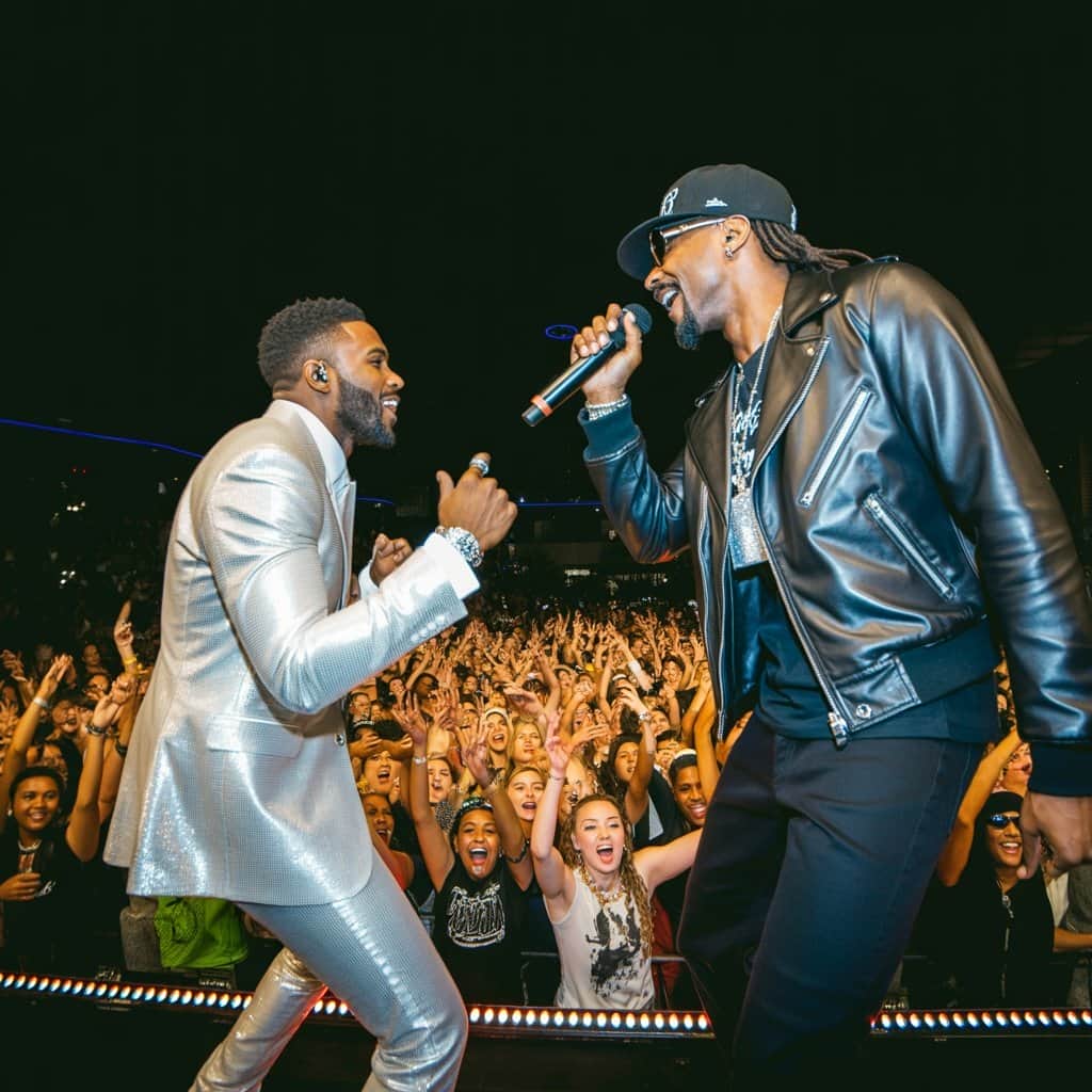 The duo bringing “Wiggle” to life during a live performance Jason Derulo and Snoop Dogg performing "Wiggle" on stage