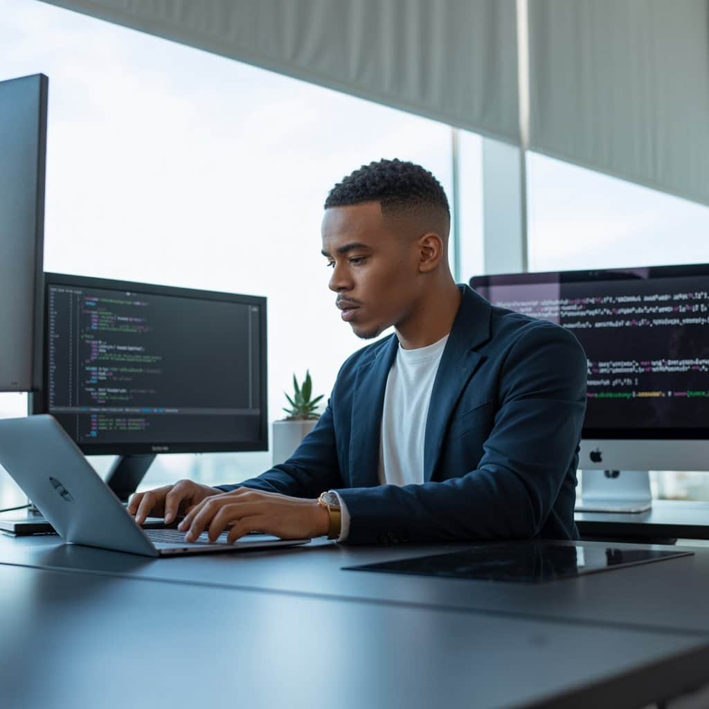 Snoop Dogg’s son Julian pursuing his career in technology Julian Broadus in a modern tech office environment