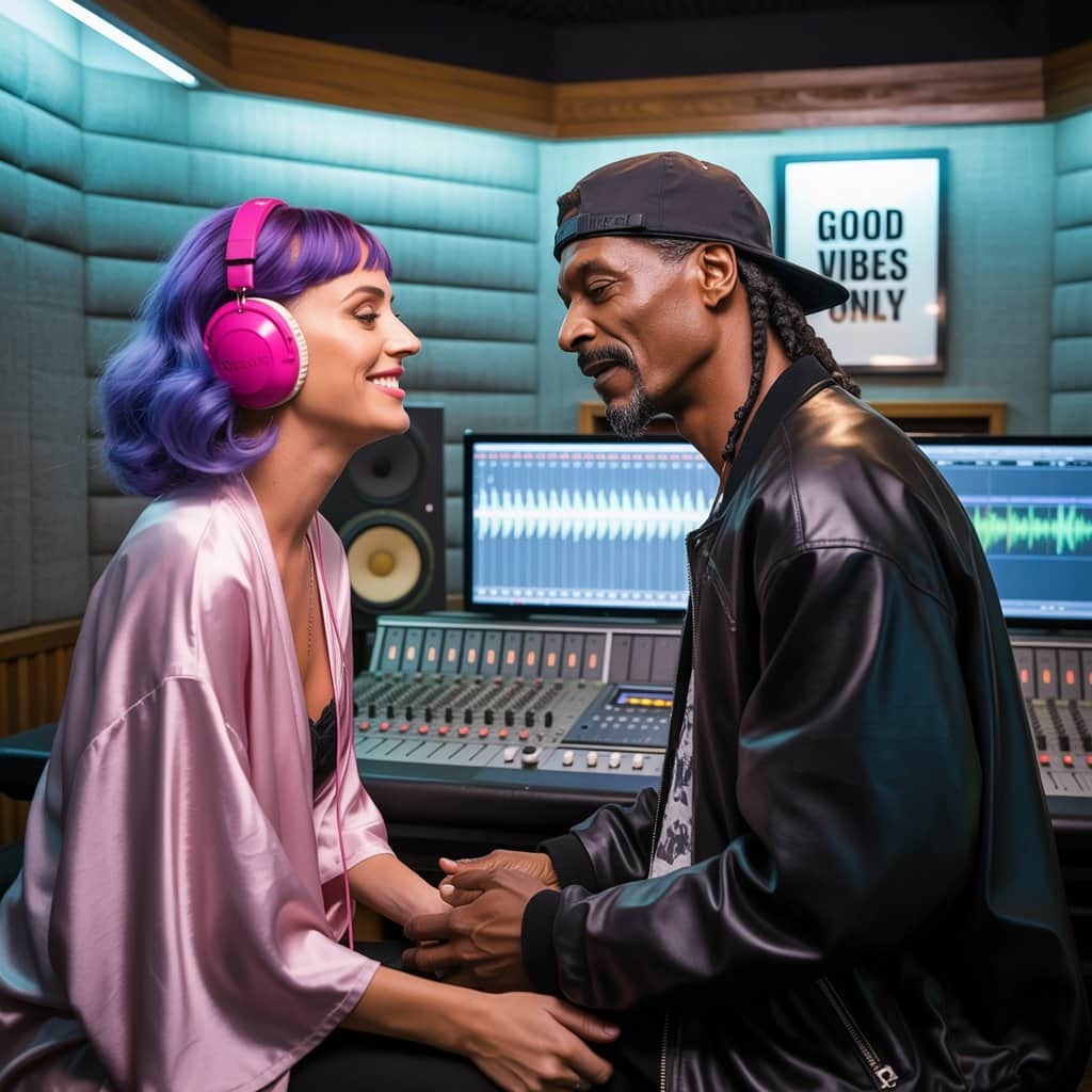 The iconic duo working together in the studio to create their Diamond-certified hit Katy Perry and Snoop Dogg collaborating in recording studio during California Gurls session