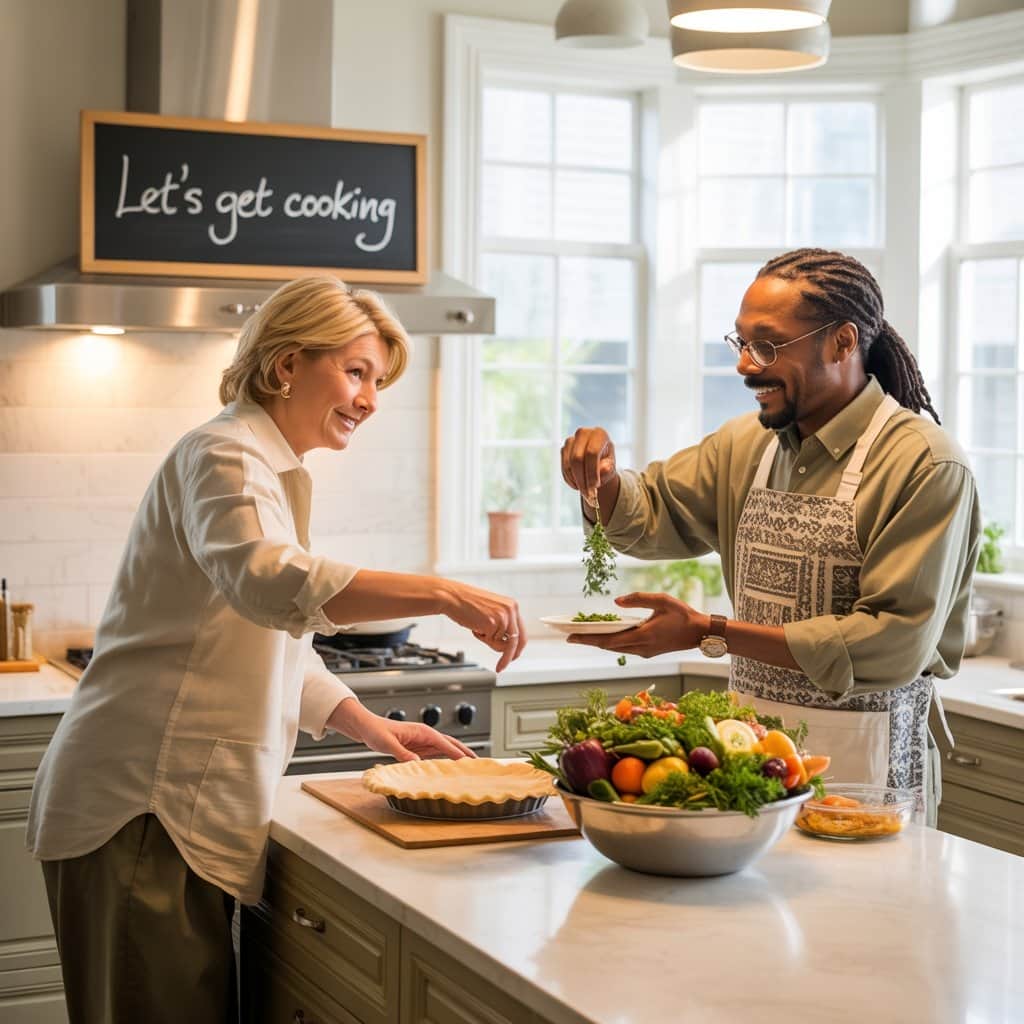 Martha Stewart and Snoop Dogg cooking together in a kitchen setting