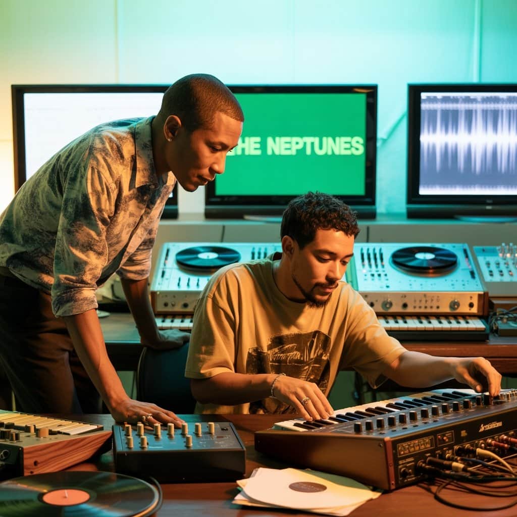 Pharrell Williams and Chad Hugo (The Neptunes) in their studio where the distinctive sound of “Signs” was crafted The Neptunes in their production studio with equipment