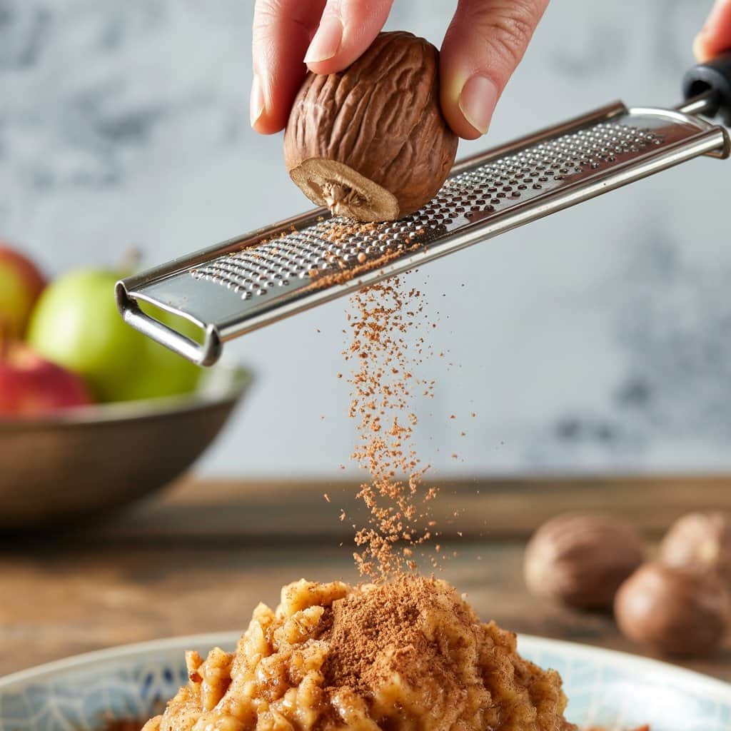 Fresh nutmeg elevates the flavor profile dramatically Fresh nutmeg being grated for mac and cheese recipe