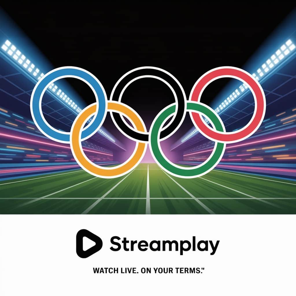Olympic rings with streaming platform logos representing modern sports media