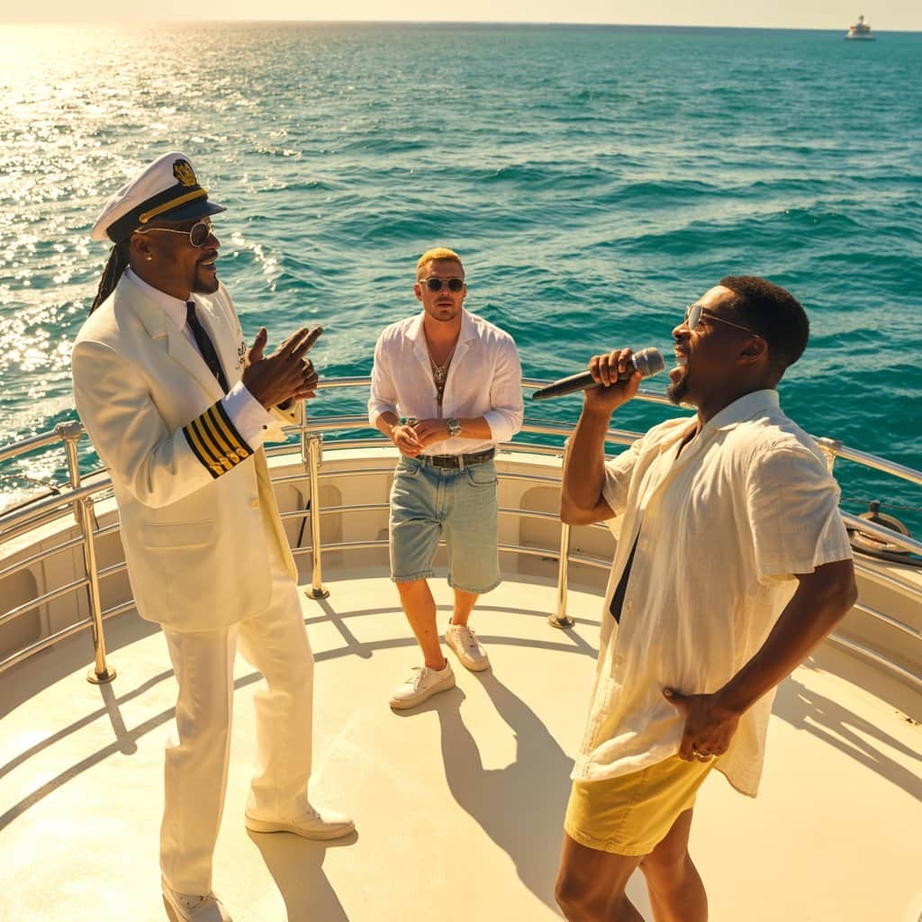 The iconic yacht party scene from the “Signs” music video directed by Paul Hunter Scene from "Signs" music video showing Snoop Dogg, Justin Timberlake, and Charlie Wilson on a yacht