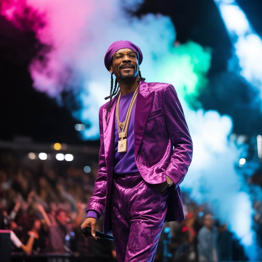 The Doggfather continues his legendary career with groundbreaking new releases in 2025 Snoop Dogg performing at a 2025 concert with stage lights and smoke effects