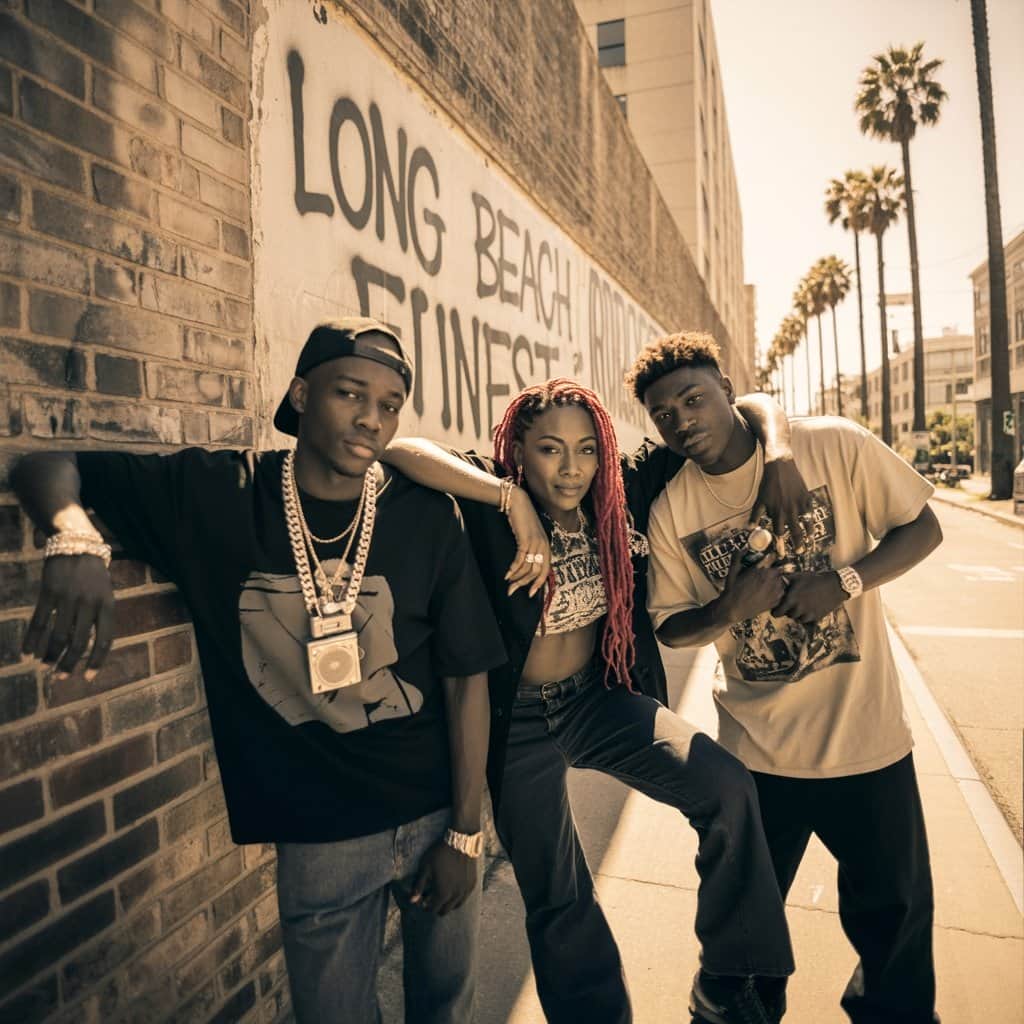Snoop Dogg with Warren G and Nate Dogg, representing their Long Beach hip-hop collective Young Snoop Dogg with Warren G and Nate Dogg in Long Beach setting