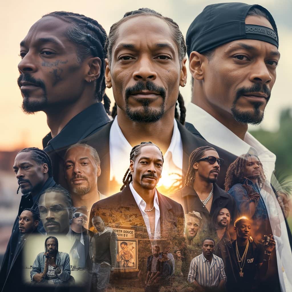 Snoop Dogg through the decades showing his evolution from young rapper to cultural icon