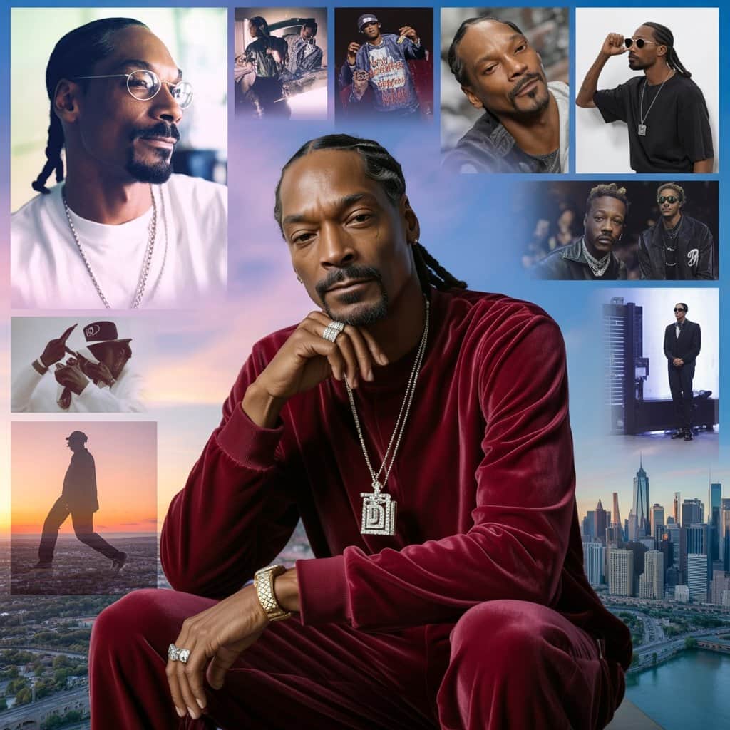Snoop’s transformation across different life stages and career phases Visual timeline showing Snoop Dogg's career evolution from young rapper to cultural icon