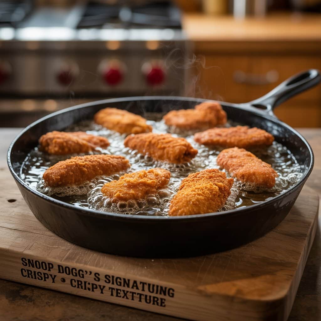 Achieving that signature golden-brown perfection Golden chicken pieces frying in oil with steam rising