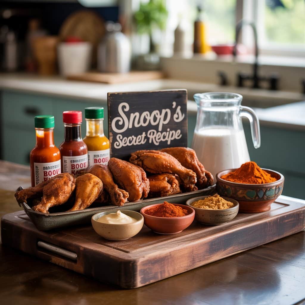 Quality ingredients make all the difference in Snoop’s legendary recipe Fresh chicken pieces surrounded by spices and ingredients for Snoop Dogg's fried chicken recipe