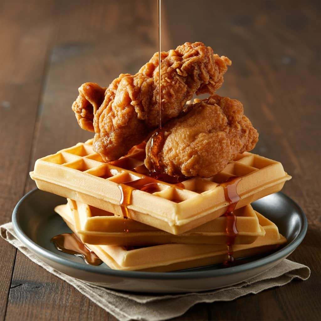 Golden crispy chicken and fluffy waffles on a plate with syrup