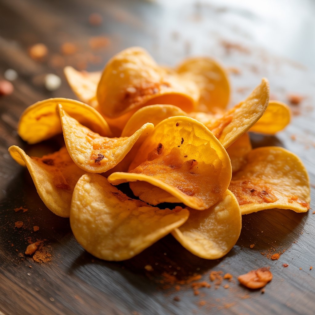 The perfect balance of sweet BBQ and sharp cheddar Close-up of O.G. Bar-B-Que Cheddar chips showing seasoning