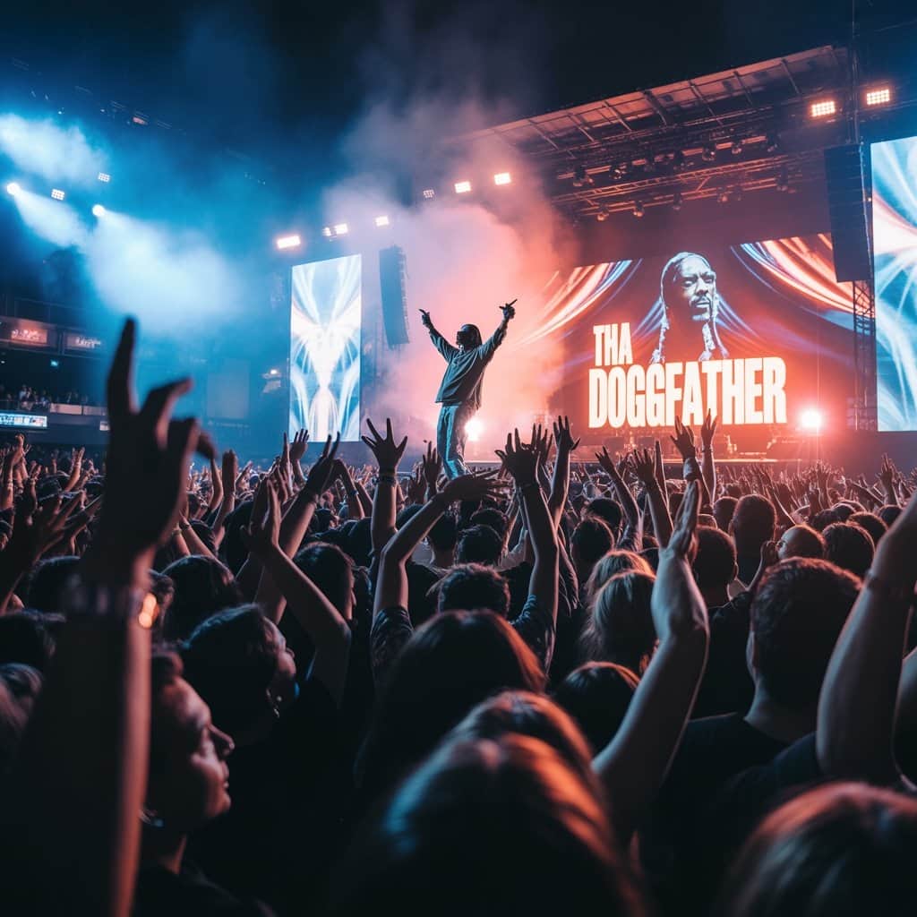 Fans getting down to Snoop’s iconic beats Enthusiastic crowd at a Snoop Dogg concert
