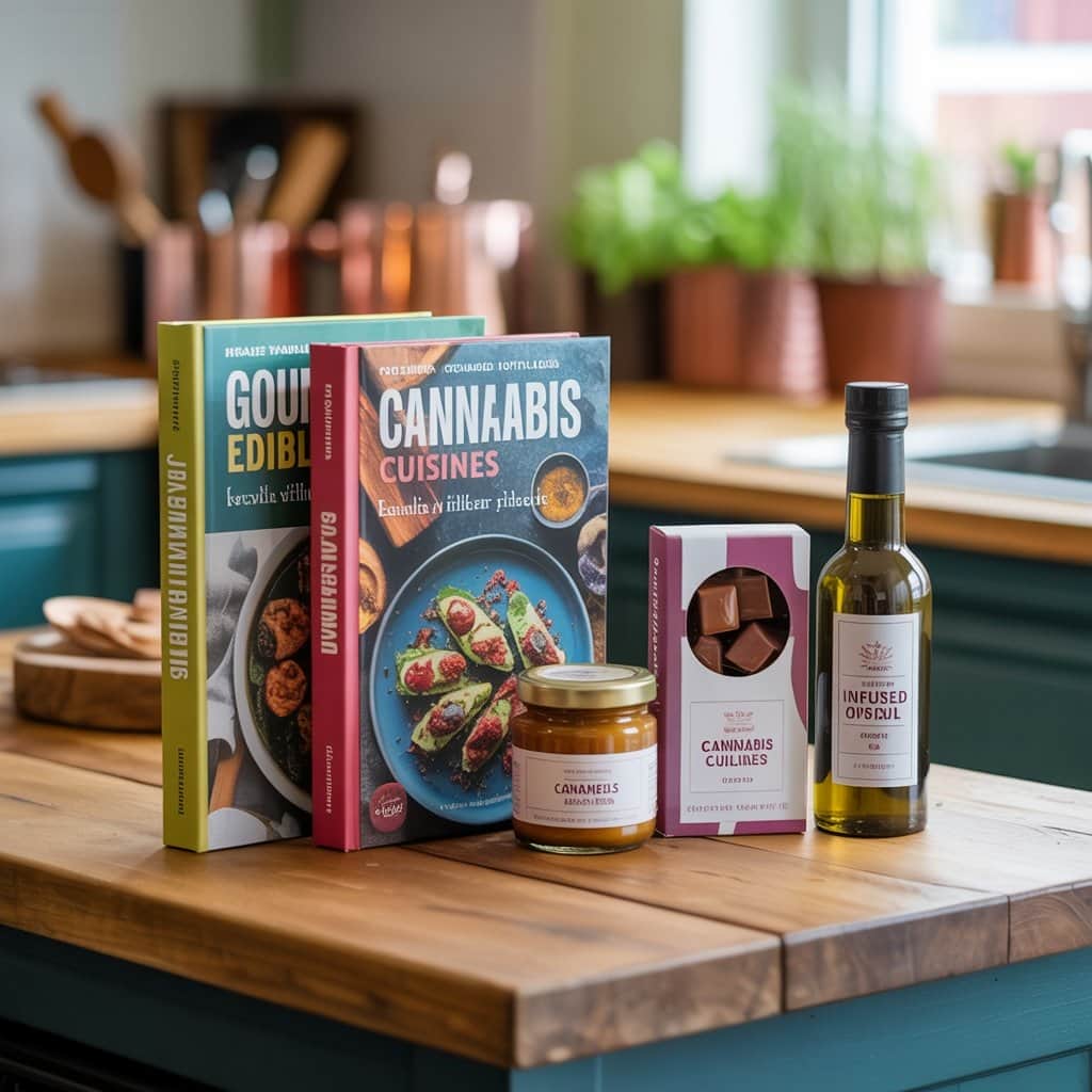 Snoop’s diverse food ventures span traditional cookbooks to modern cannabis edibles Display of Snoop Dogg's cookbooks and cannabis food products