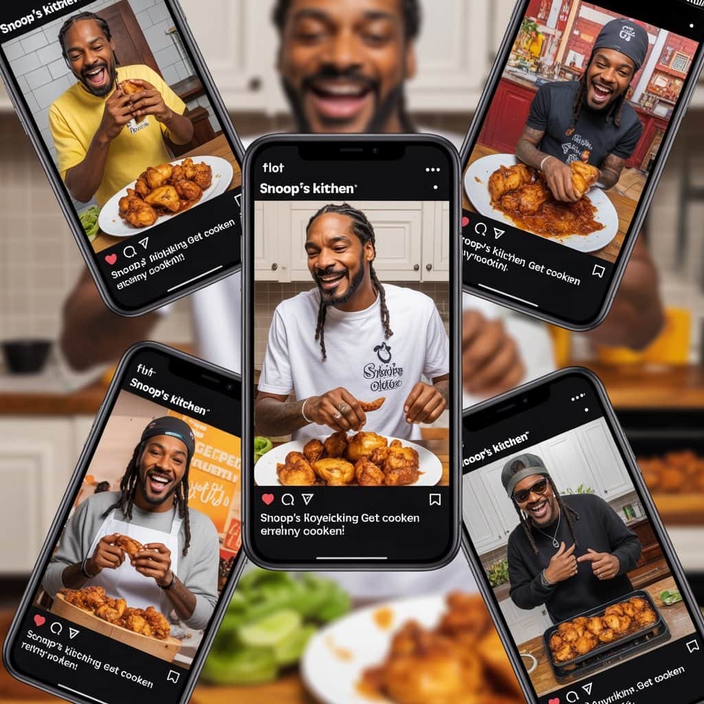 How Snoop’s recipe took over social media feeds Multiple phone screens showing social media posts of people making Snoop Dogg's fried chicken