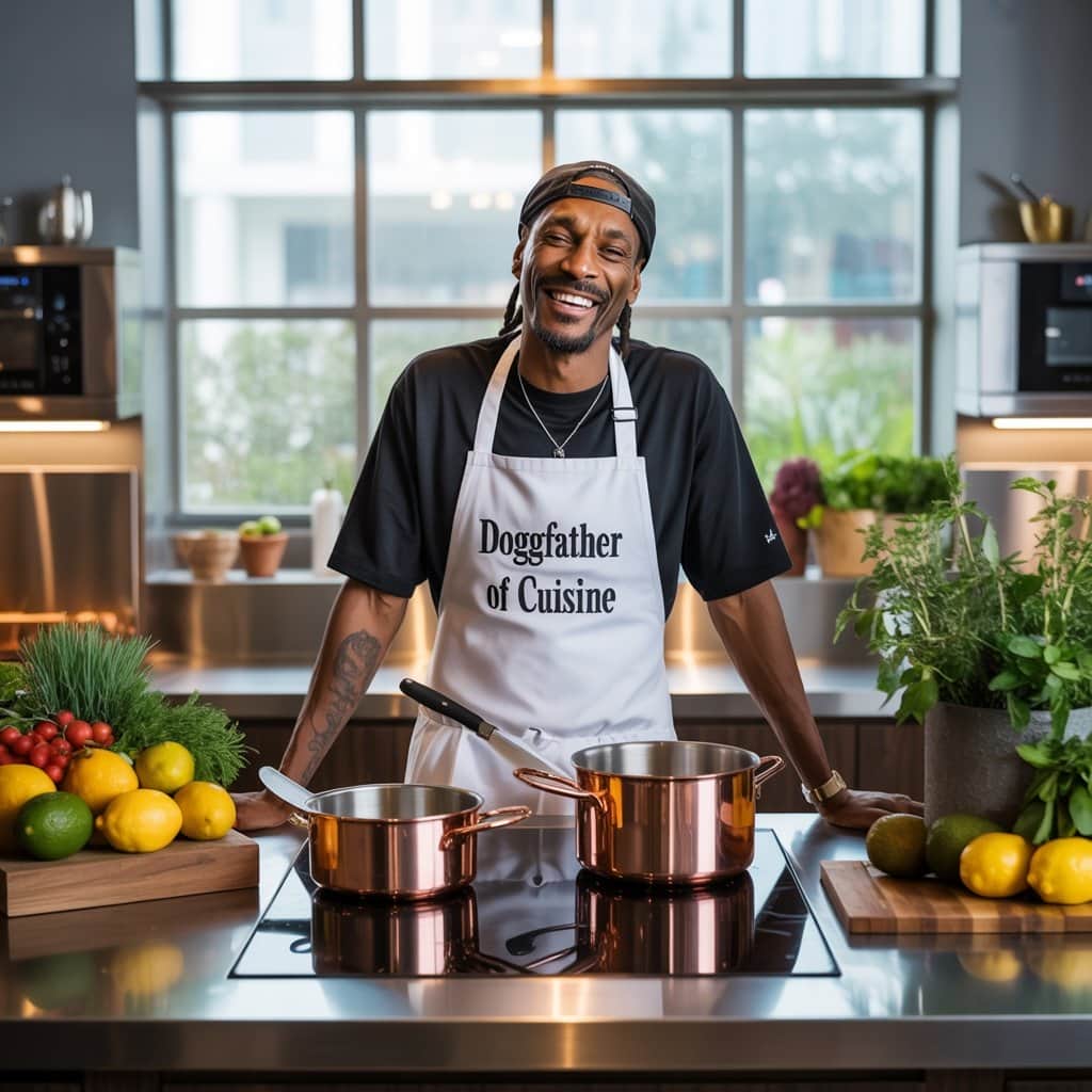Snoop Dogg's Culinary Journey Snoop Dogg cooking in a modern kitchen with various ingredients