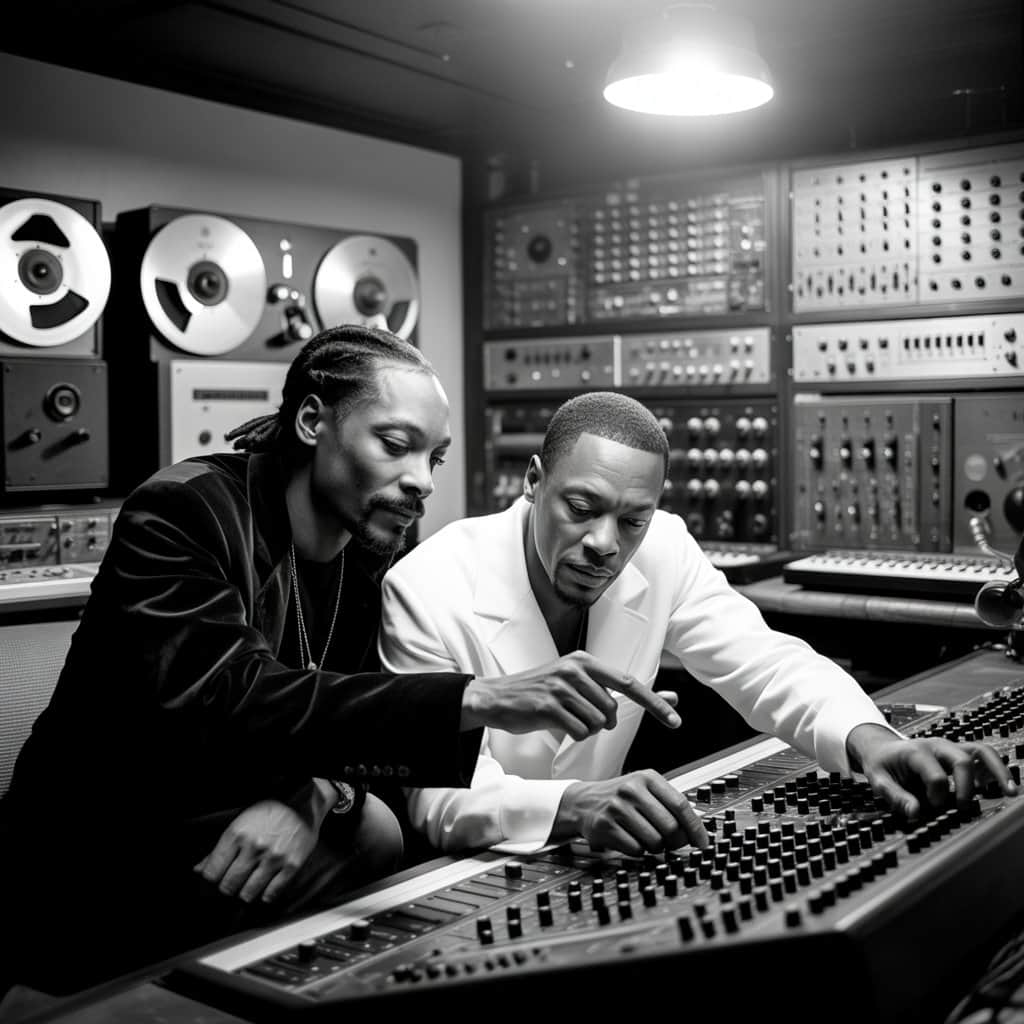 The legendary producer-rapper duo that created the G-funk sound Snoop Dogg and Dr. Dre in the recording studio during the early 1990s