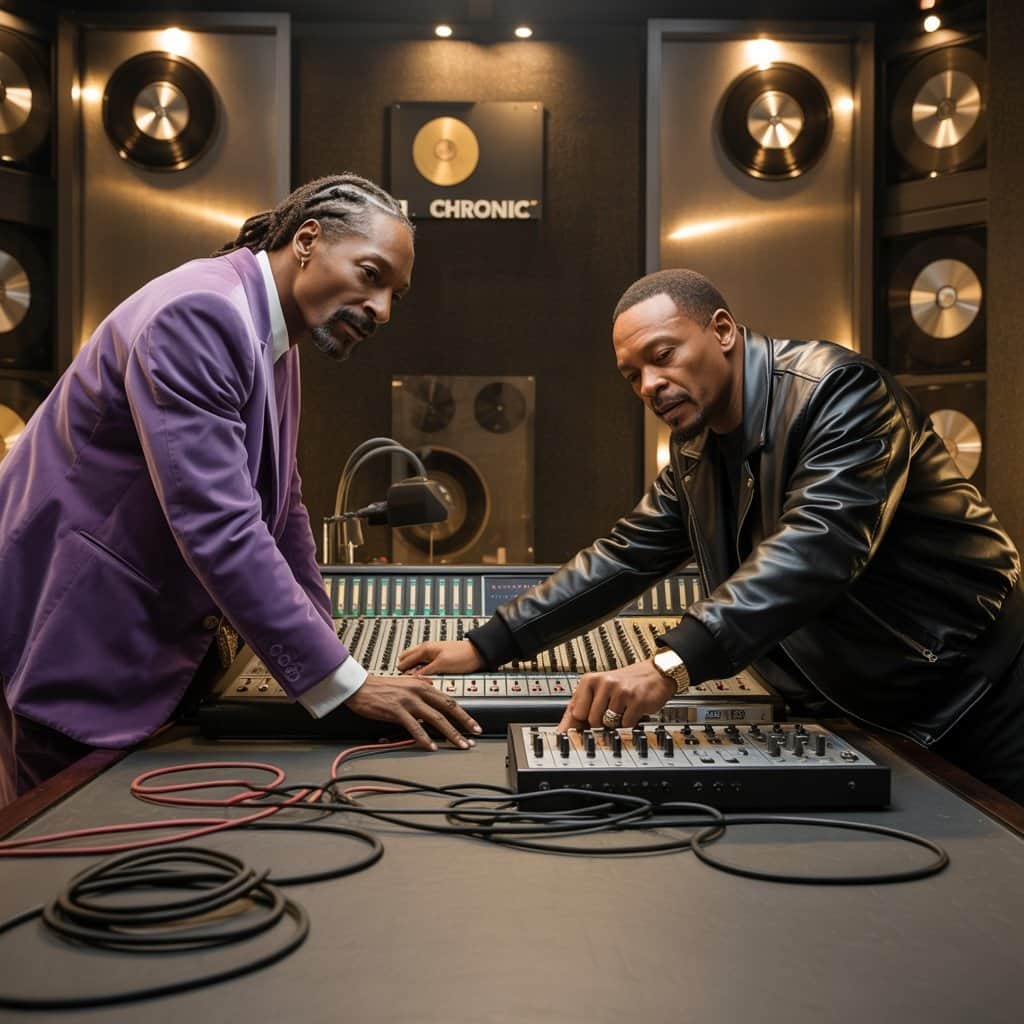 Snoop Dogg and Dr. Dre collaborating in a recording studio