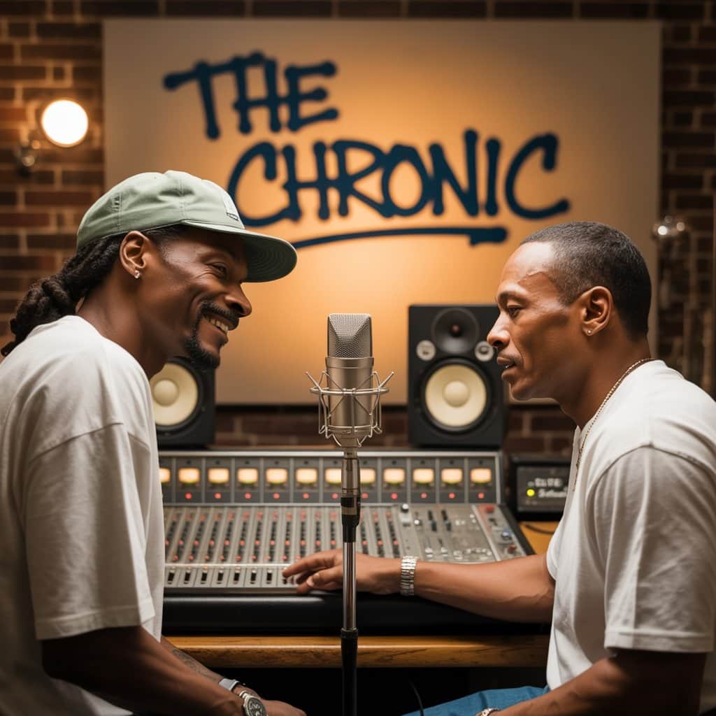 Snoop Dogg and Dr. Dre in the studio creating the G-Funk sound that defined West Coast rap Snoop Dogg and Dr. Dre working together in recording studio during the 1990s