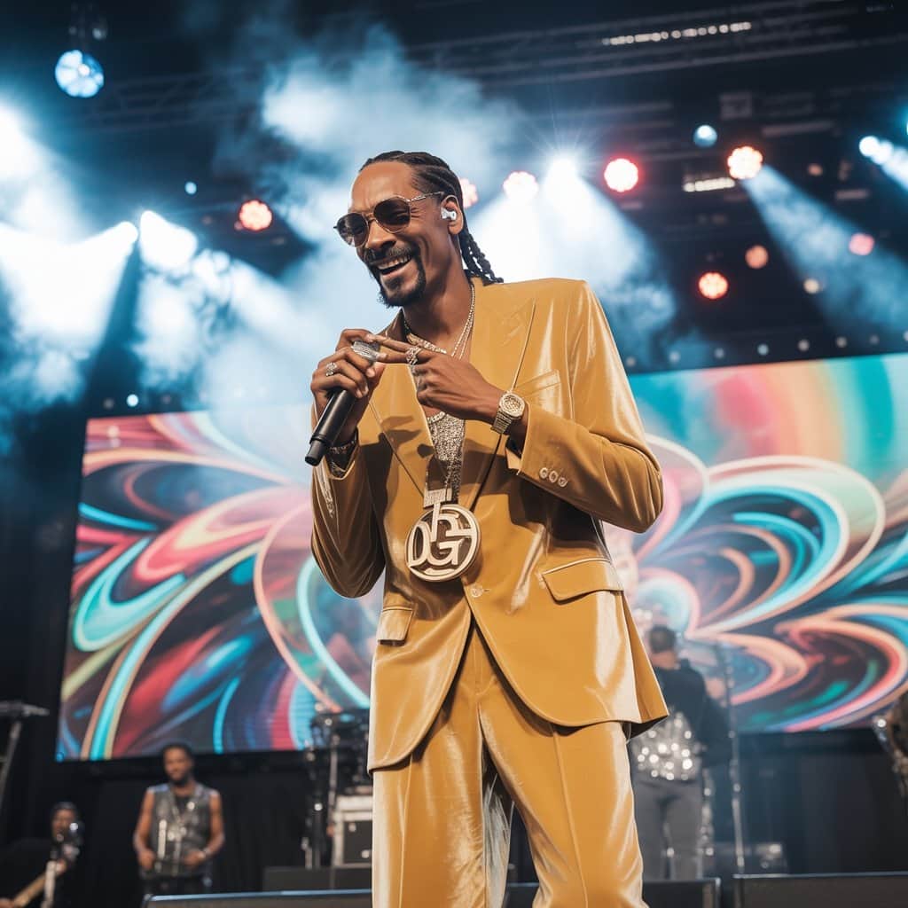 From Long Beach to global stardom, Snoop Dogg continues to captivate audiences worldwide Snoop Dogg performing on stage with signature braids and confident smile