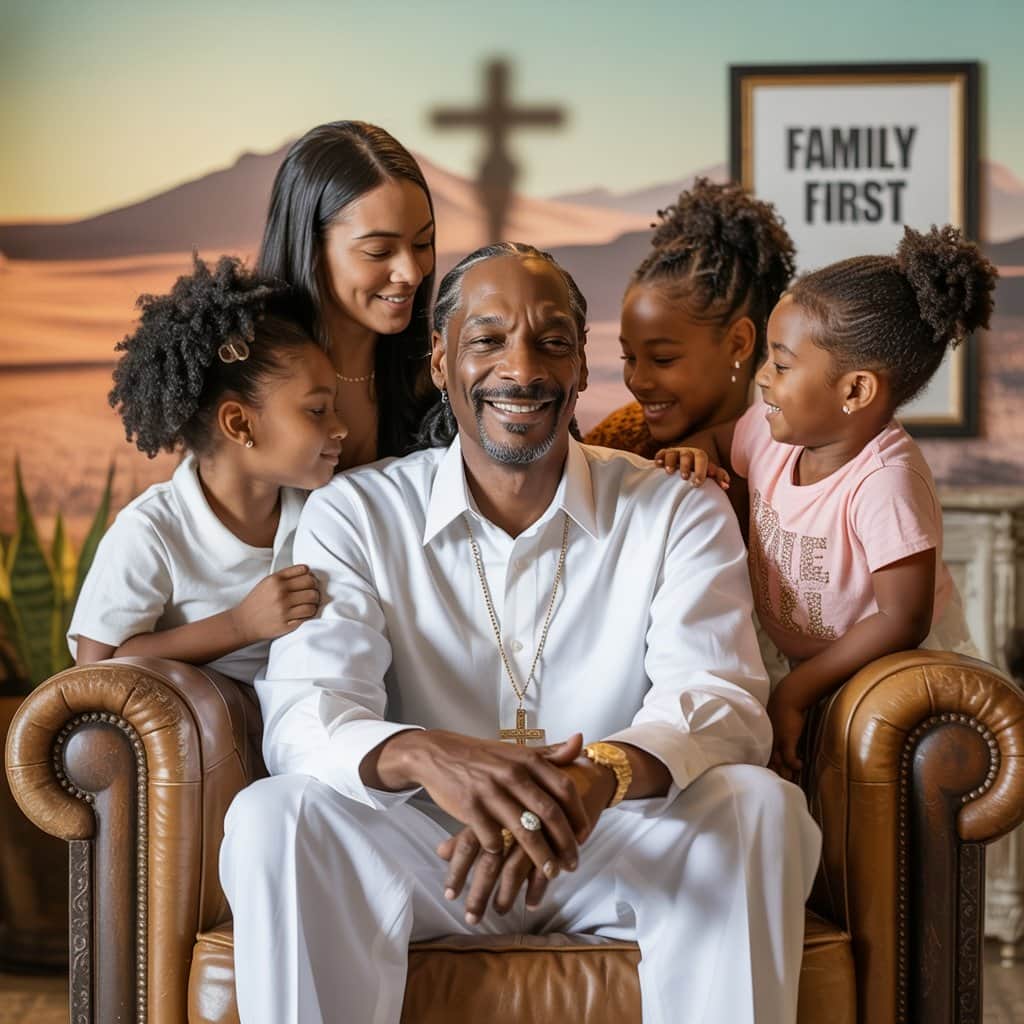 The man behind the music – Snoop’s journey as a family man and spiritual seeker Snoop Dogg with his family and spiritual transformation imagery