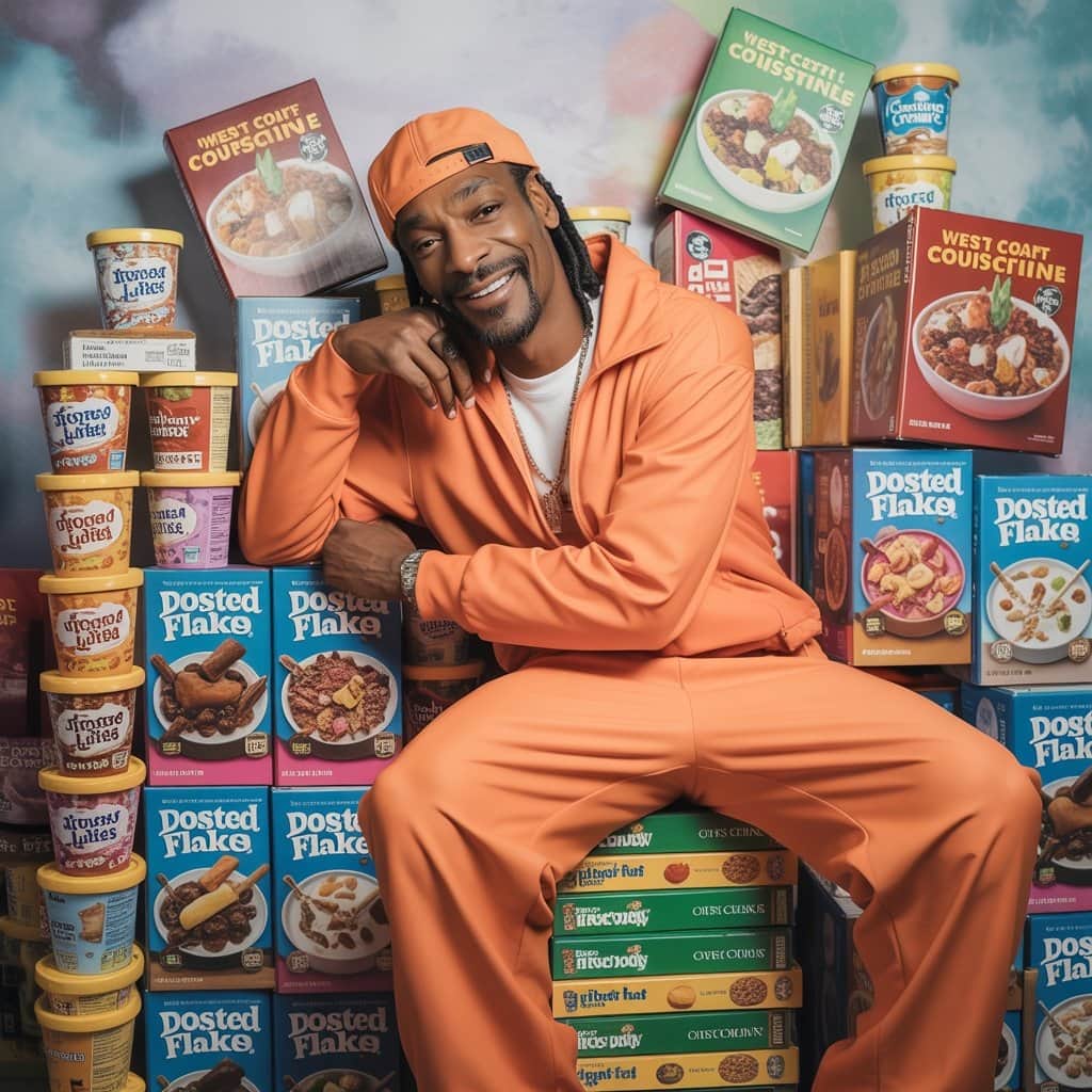 Snoop Dogg showcasing various food products from his brands