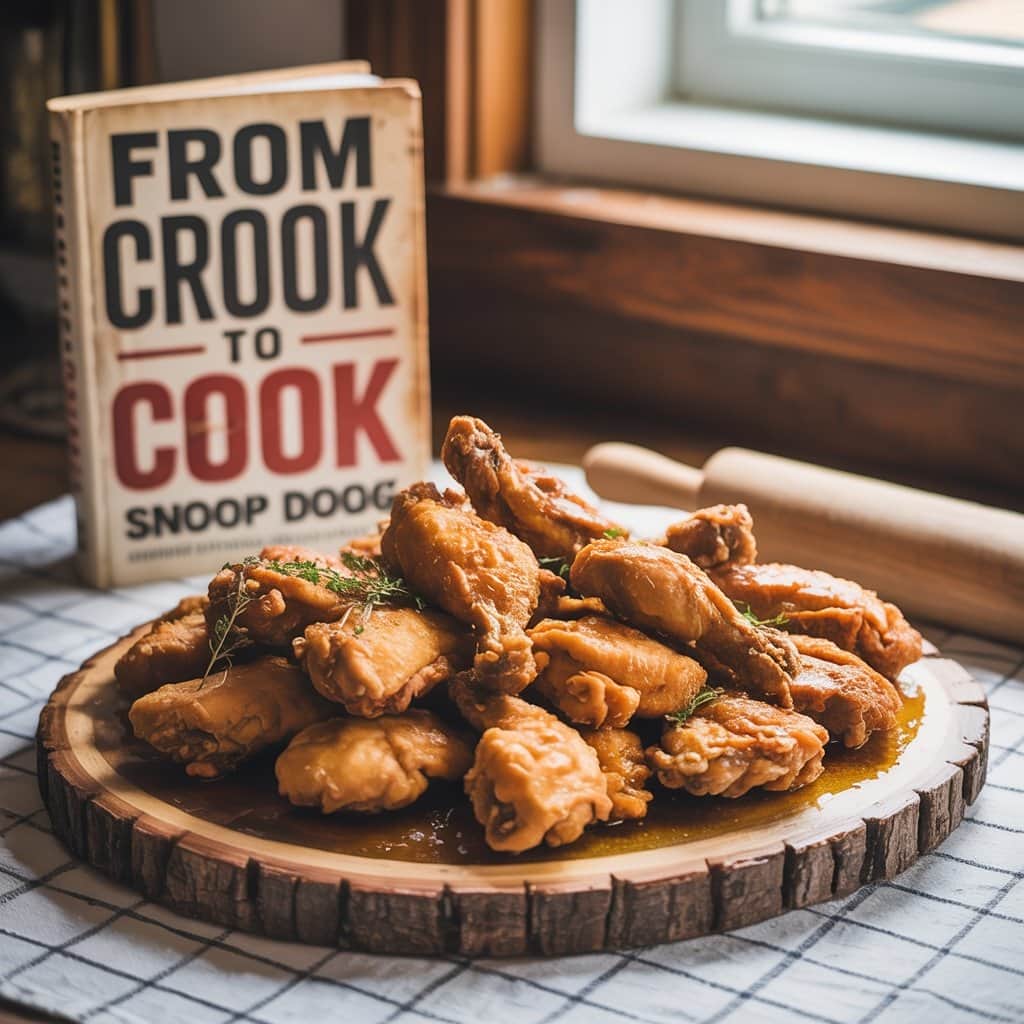 The legendary fried chicken recipe that made Snoop Dogg a culinary icon Golden crispy fried chicken pieces on a platter with Snoop Dogg cookbook in background