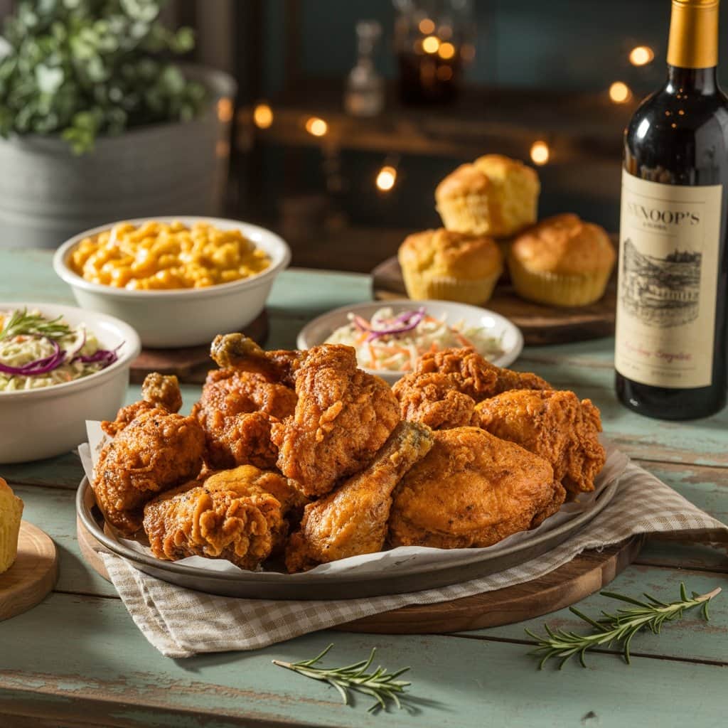 Complete meal spread featuring Snoop Dogg's fried chicken with various side dishes