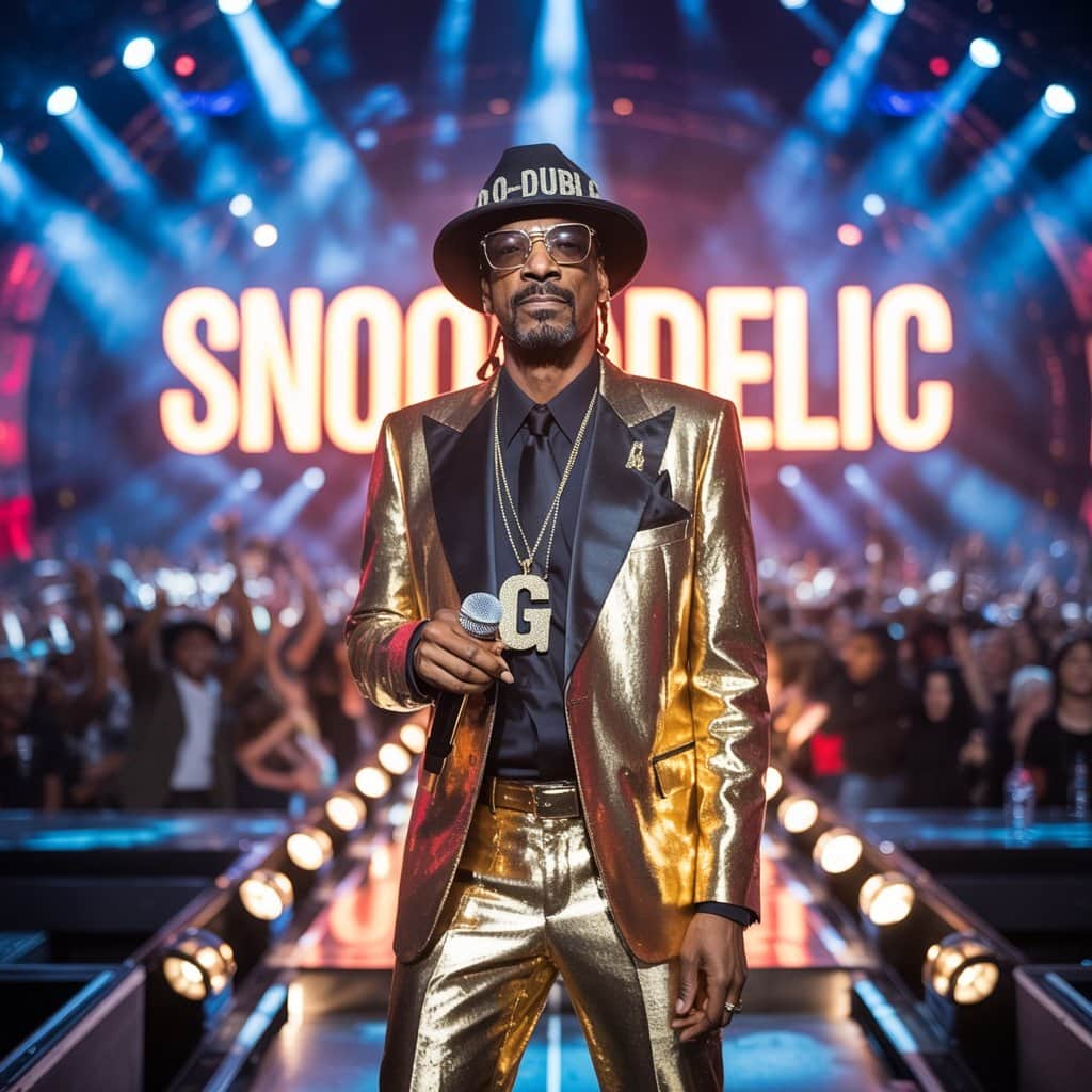 The Doggfather’s 6’4″ frame creates an unmistakable silhouette on stage Snoop Dogg performing on stage showing his full 6'4" height