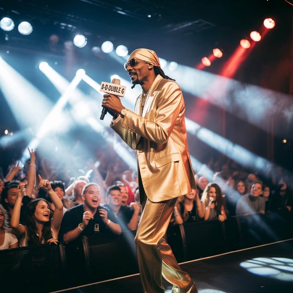 The legendary rapper’s 6’4″ frame creates an unmistakable silhouette Snoop Dogg standing at full height on stage showing his tall stature