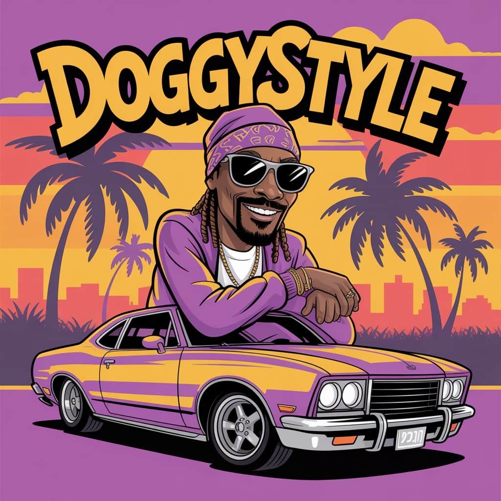 The legendary Doggystyle album that introduced “Gin and Juice” to the world The iconic Doggystyle album cover featuring cartoon art of Snoop Dogg
