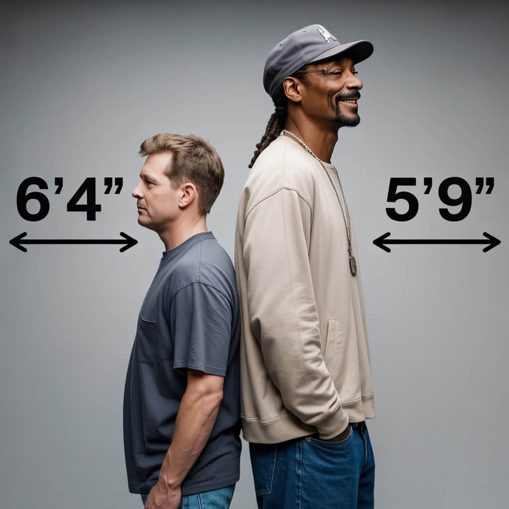 Height comparison showing Snoop Dogg at 6'4" next to average American male at 5'9"