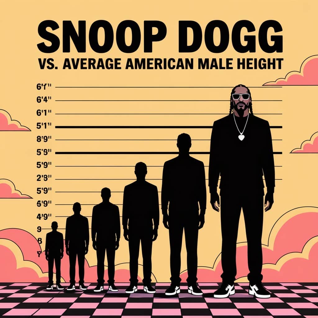 See how Snoop’s 6’4″ stature compares to average heights Visual comparison chart showing Snoop Dogg's 6'4" height versus average heights