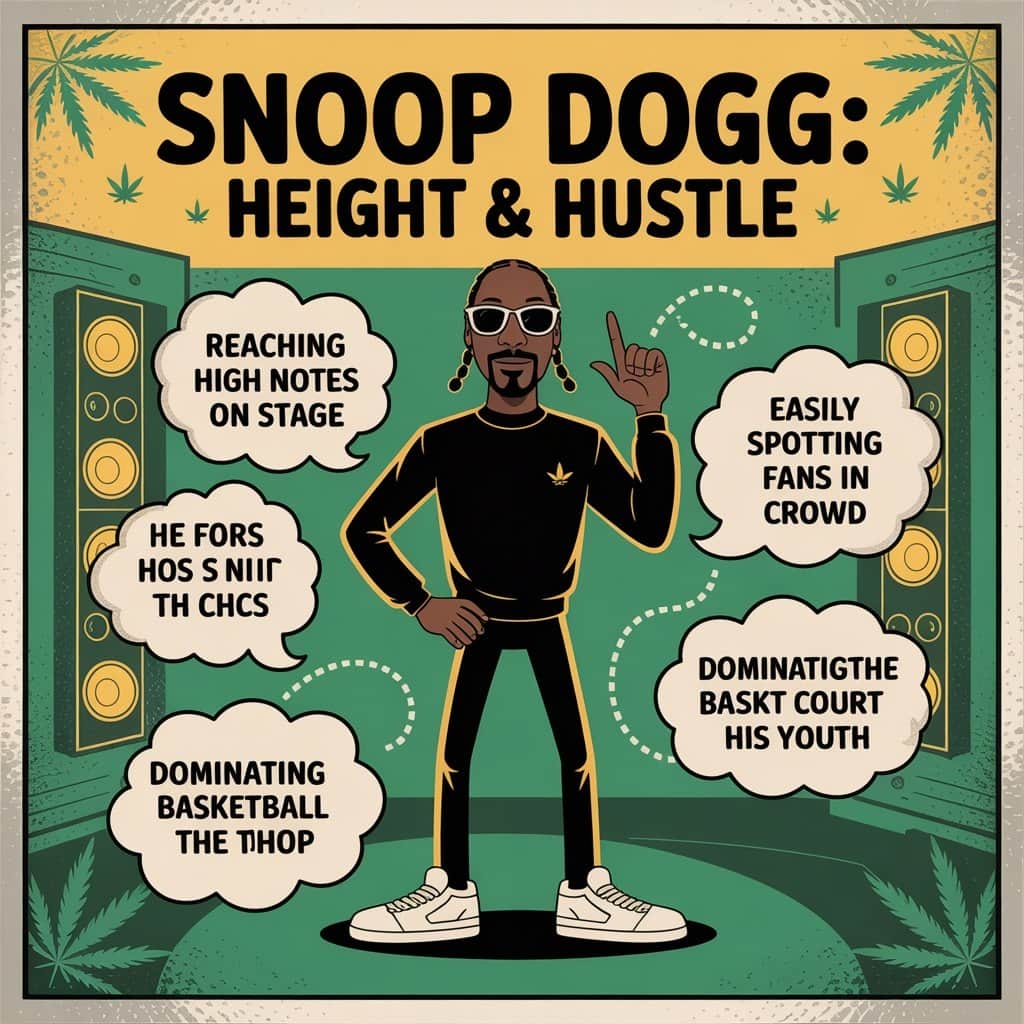 Discover how being 6’4″ affects the Doggfather’s daily life Infographic showing interesting facts about Snoop Dogg's 6'4" height
