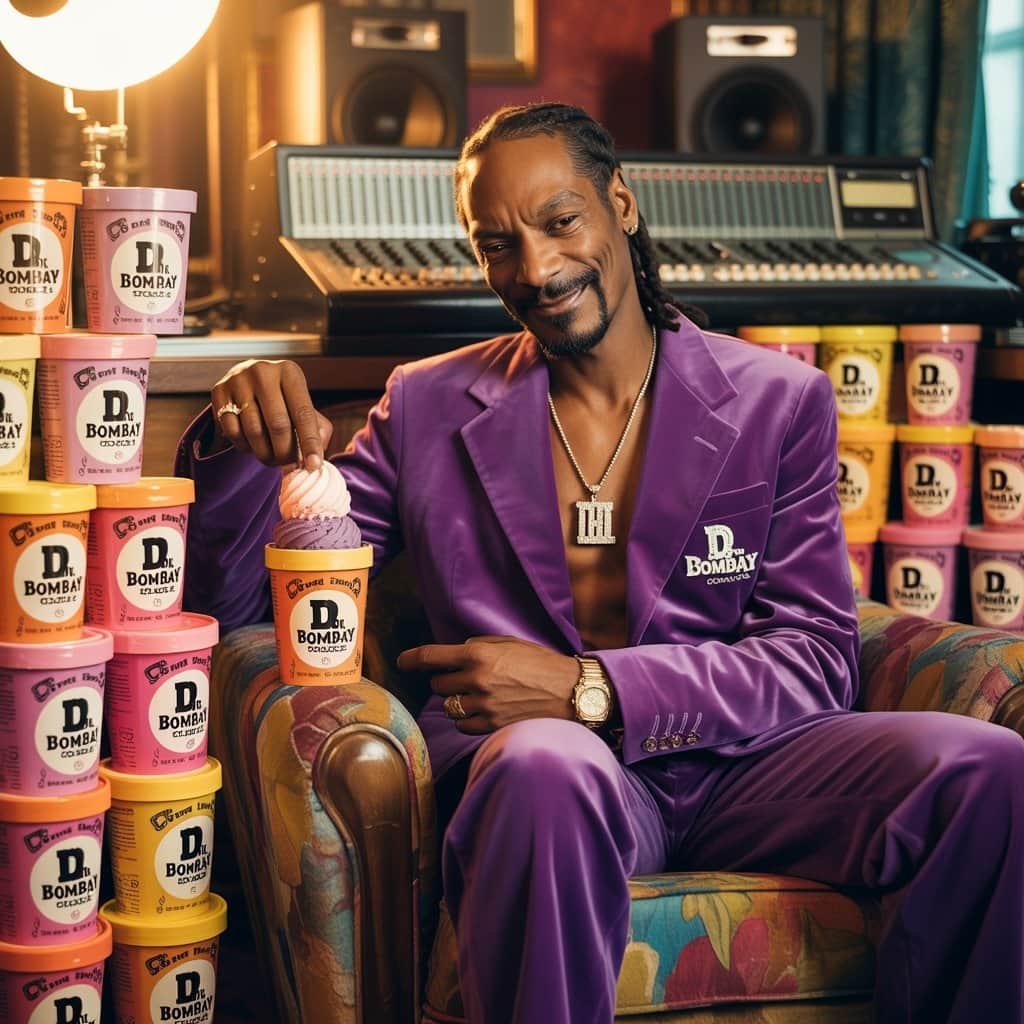 Snoop Dogg promoting Dr. Bombay Ice Cream brand with colorful pint containers
