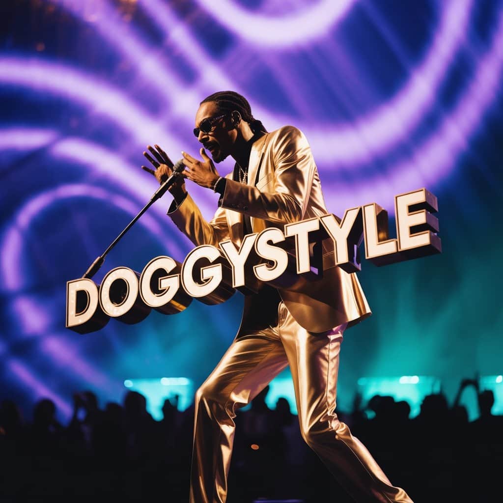 The Doggfather’s signature stage presence captured in an iconic moment Silhouette of Snoop Dogg performing on stage with iconic microphone pose