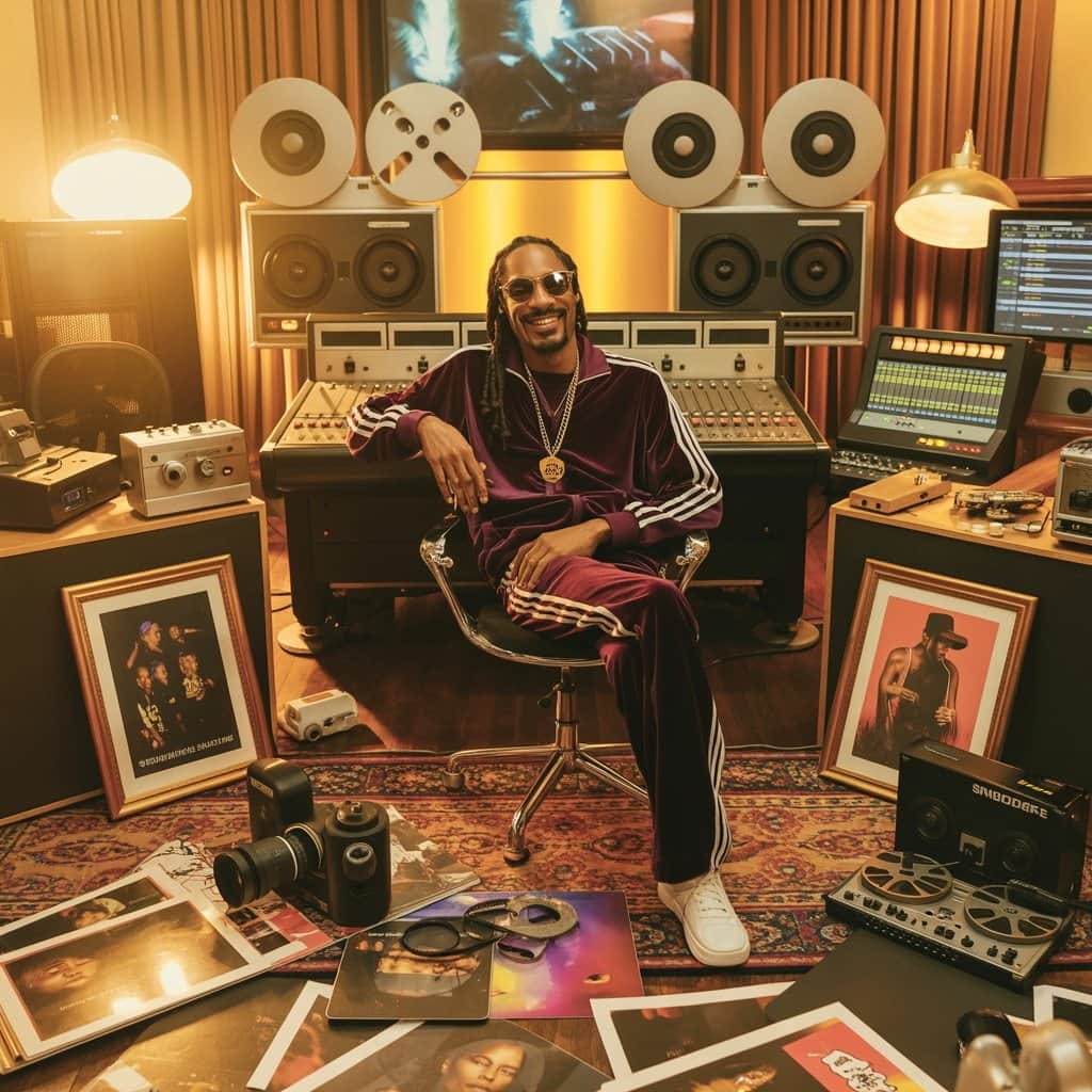 “Iz It A Crime?” blends music and cinema in unprecedented ways Snoop Dogg in a recording studio with film equipment and album artwork