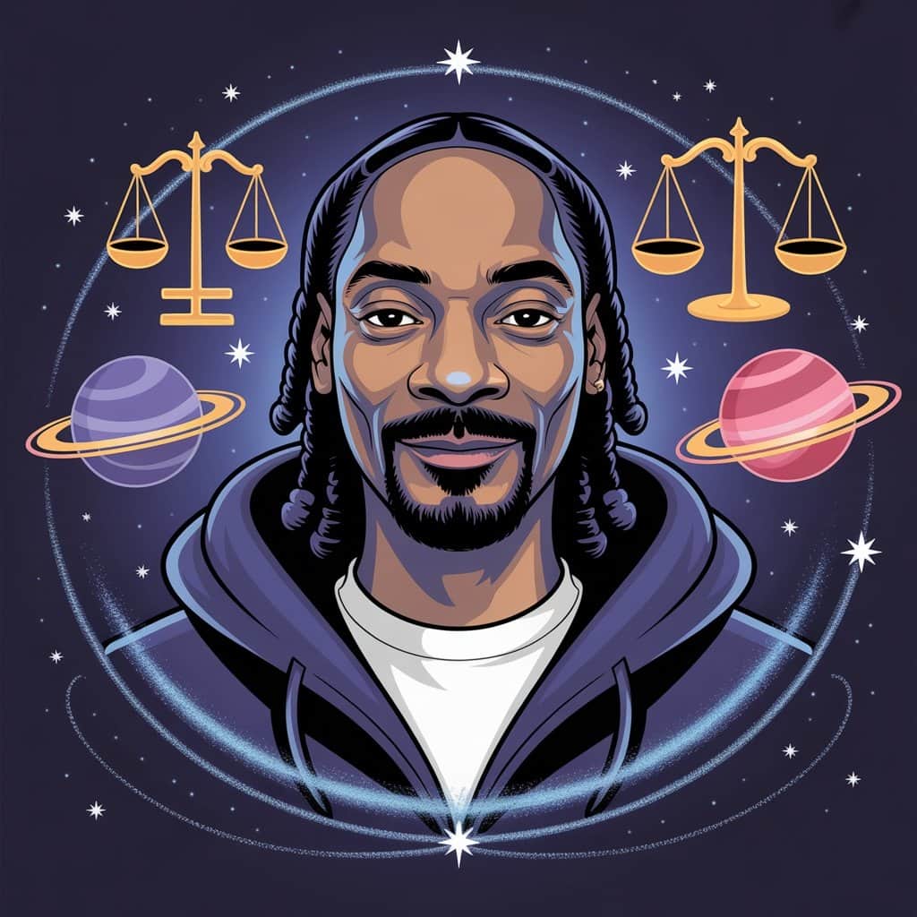 The cosmic influences that shaped hip-hop’s most diplomatic legend Artistic portrait of Snoop Dogg with Libra zodiac symbols and celestial elements