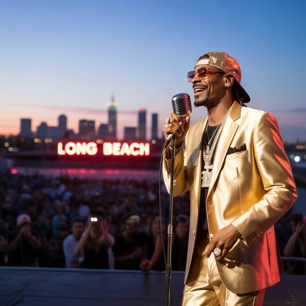 The legendary rapper performing in his beloved hometown of Long Beach, California Snoop Dogg performing in Long Beach with city skyline in background