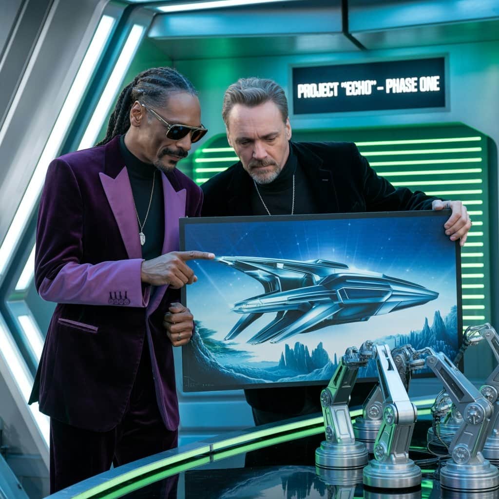 Snoop Dogg and Luc Besson discussing film concepts with futuristic set designs