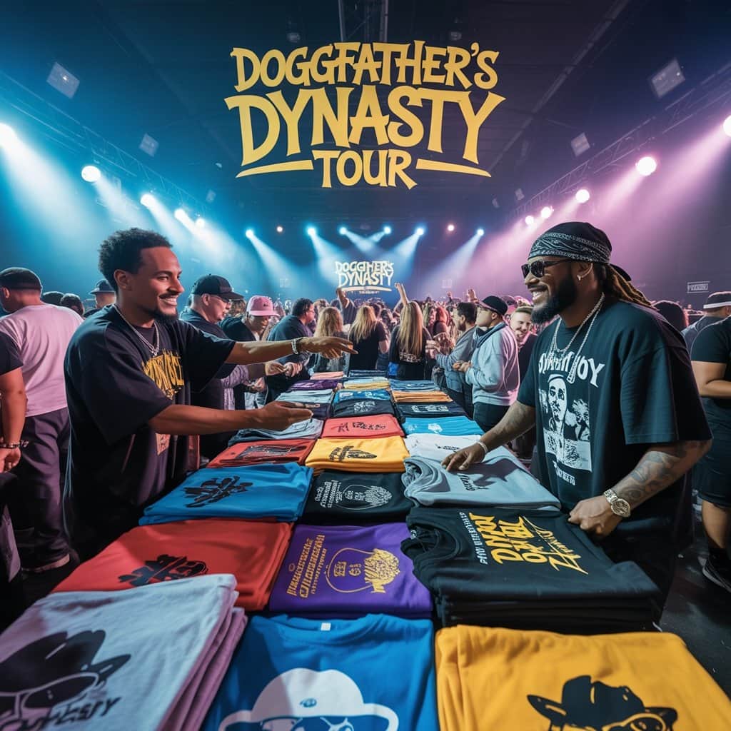 Exclusive Snoop Dogg tour merchandise available at shows Official Snoop Dogg tour merchandise booth with fans shopping