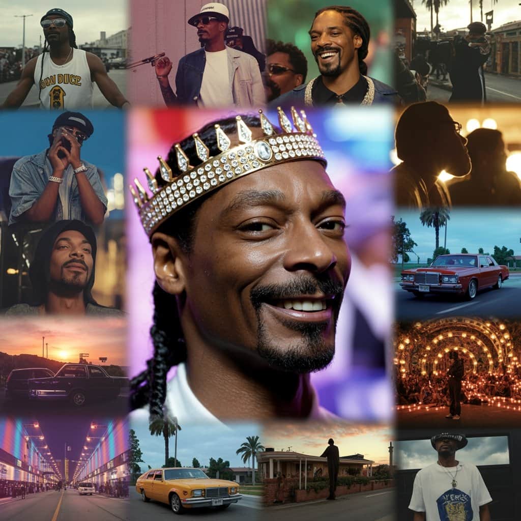 Montage of iconic Snoop Dogg music video scenes showing his evolution from 1992 to present