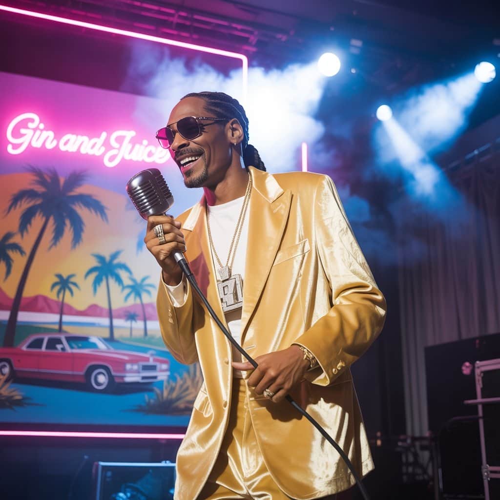 Snoop Dogg performing his classic hit for fans Snoop Dogg performing "Gin and Juice" on stage