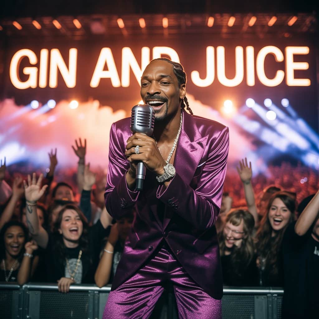 Snoop Dogg energizing the crowd with a live performance of his classic hit Snoop Dogg performing "Gin and Juice" at a live concert