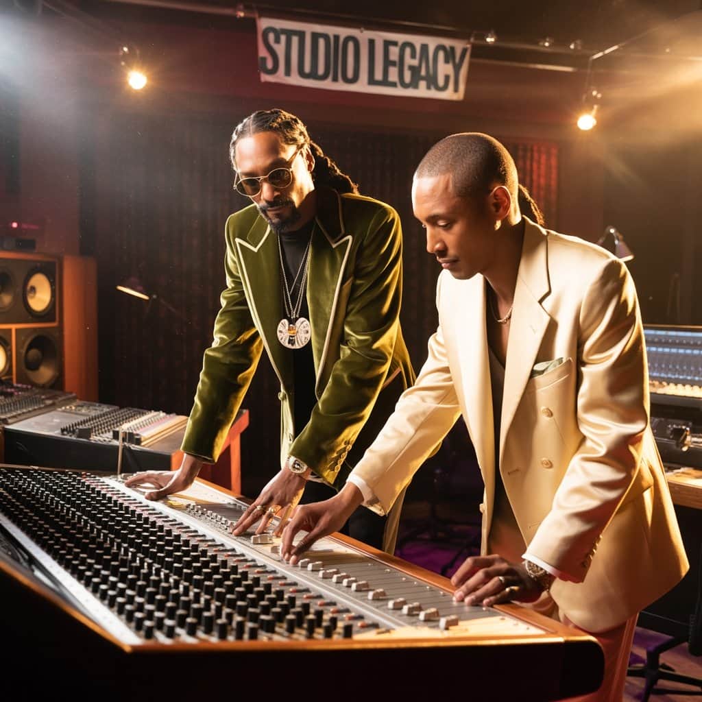 Snoop Dogg and Pharrell Williams collaborating in recording studio