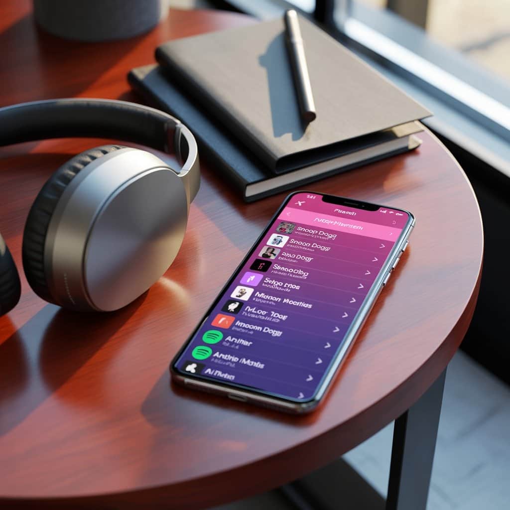 Organize by mood, era, or collaborator for optimal listening Smartphone showing Snoop Dogg playlist creation interface