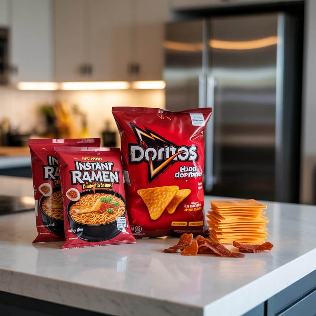 The simple yet genius combination that created a viral sensation Ingredients for Snoop Dogg ramen recipe laid out on kitchen counter